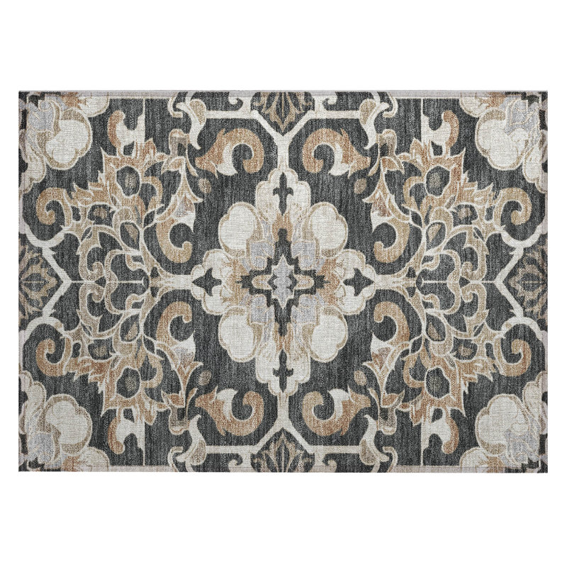 Machine Washable Indoor/Outdoor Xhevrie Charcoal Rug, Rectangle 1'8" x 2'6"