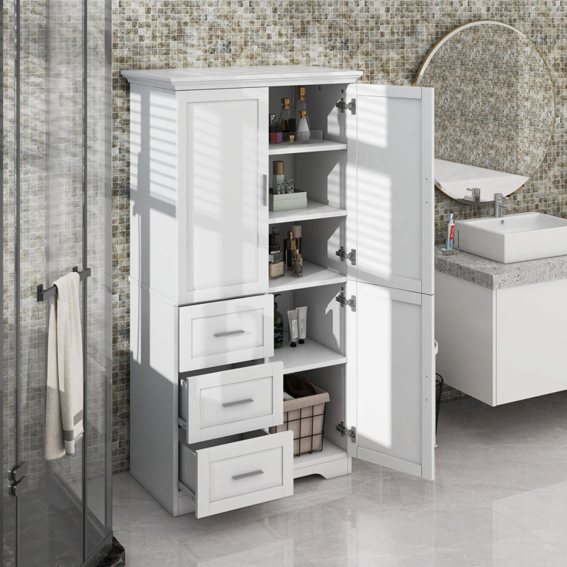 Armoire de rangement haute et large avec portes et trois tiroirs, Blanc