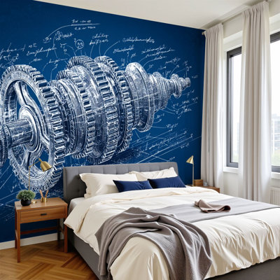 Papier peint adhésif auto-adhésif à peler et coller, engrenages à dessin mécanique complexes, saphir, décoration murale H 100 po x l 144 po