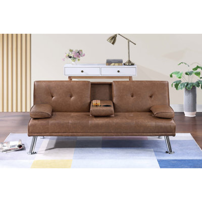 Living Room Brown Color Faux Leather 1Pc Adjustable Sofa Fold-Down Table Cup Holders Tufted Upholstered Plush Cushion Couch Sofa