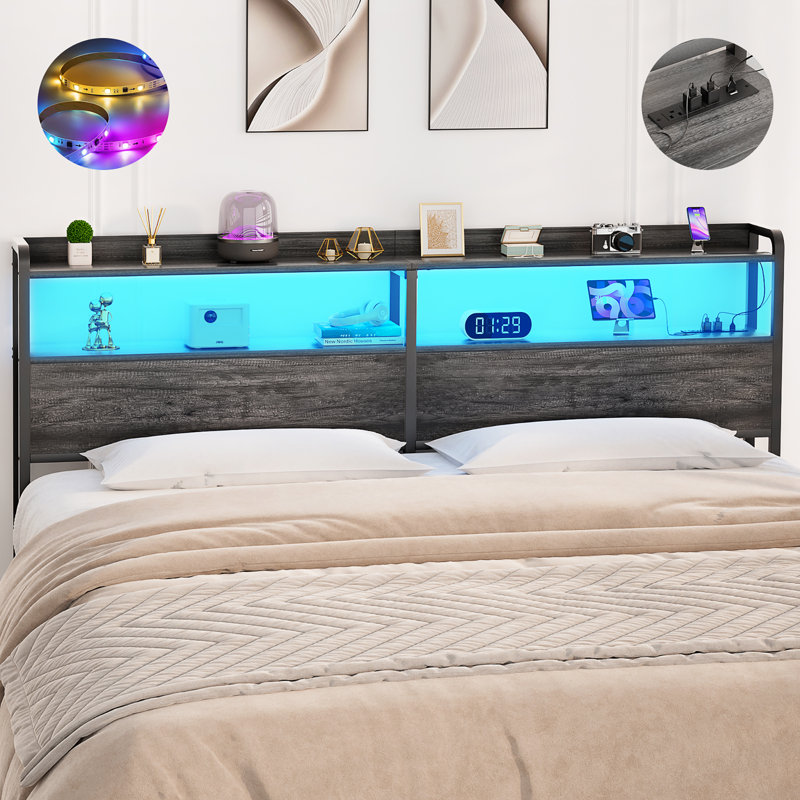 Storage Headboards With Outlets,USB Ports And LED Light, Gray, Queen