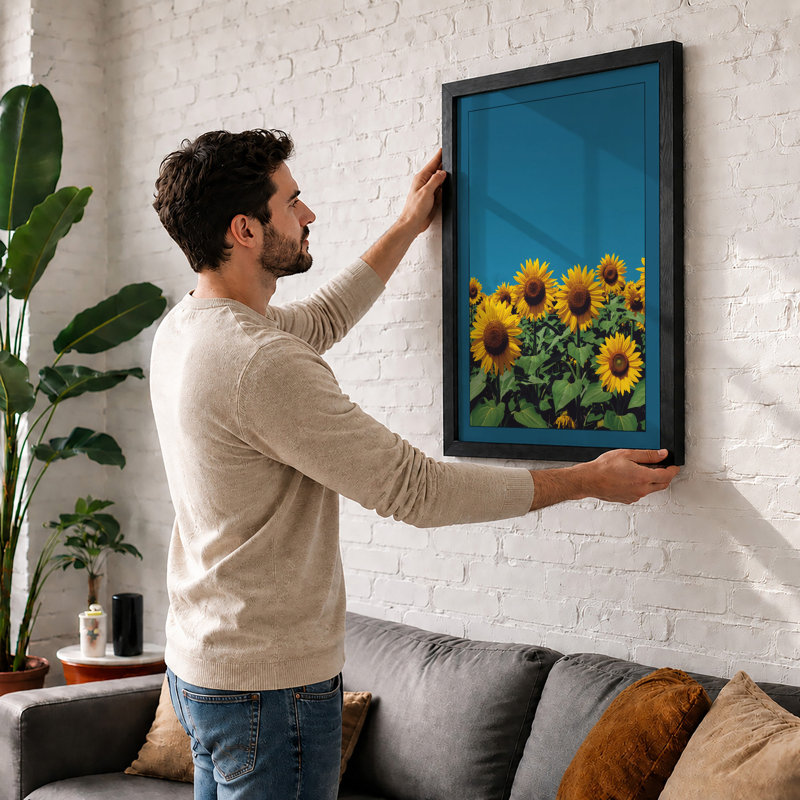 Sunflowers Under Blue Sky Botanical - Print, Walnut, A4 - 29.7 x 21.0 cm