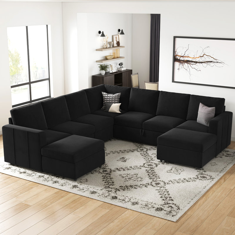 Aubade L Shaped 107 Inch Width Sectional Sofa Modular Couch Livingroom Couch With 2 Storage Ottomans, Black Velvet