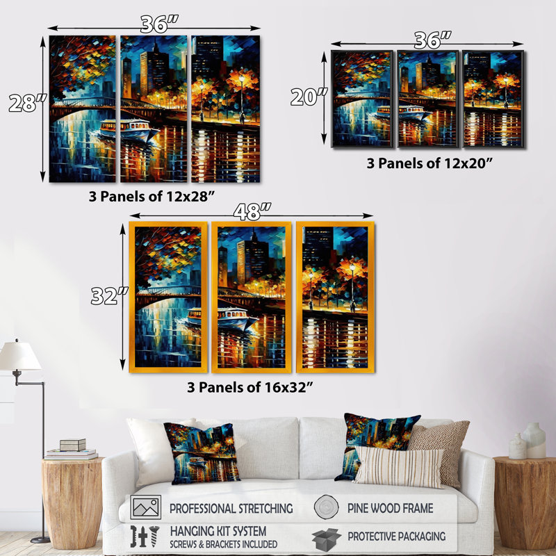 «Chicago River View in the Fall II», reproduction sur toile 3 pièces, H 28 po x l 36 po x P 1 po, Toile tendue