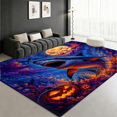 Tapis d'Halloween requin citrouille lune, conception artistique éclatante, tapis antidérapant, décoration intérieure pour salon, chambre à coucher, entrée, cuisine, balcon
