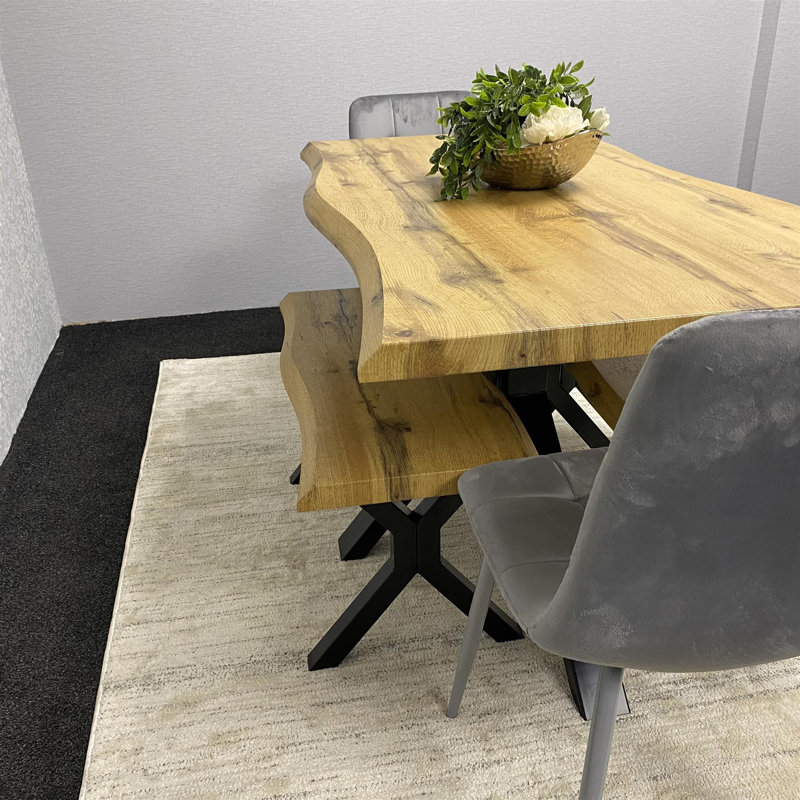 Wooden Brown Dining Table with 2 Benches and Grey Velvet Chairs, 75cm H x 140cm W x 80cm D