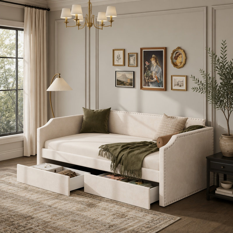 Lit de jour rembourré avec tiroirs de rangement, Beige