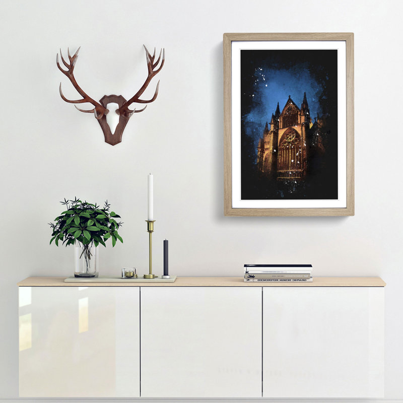 Lincoln Cathedral In England Paint Splash - Picture Frame Graphic Art, 87cm H x 62cm W x 2cm D, Oak Framed