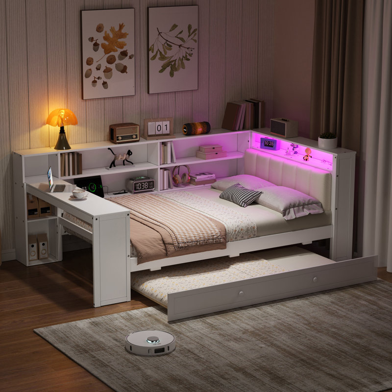 Twin Platform Bed with Storage Shelves, Trundle, Charging Station, LED Lights, Desk and Upholstered Headboard, Beige/White