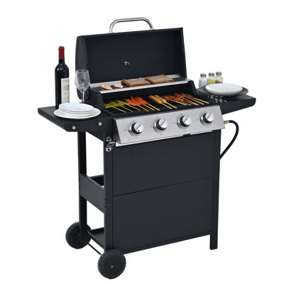 4 Burner Propane Gas Grill, Stainless Steel Construction, 34,000 , With Two Tables And Maneuverable Wheels For Garden Barbecue Lid, Shelves, Portable