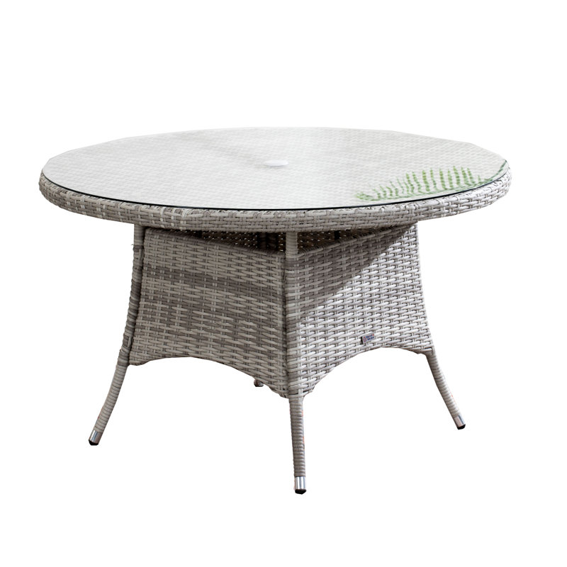 Table de salle à manger d'extérieur en rotin 4 places - Structure en aluminium antirouille, verre trempé de 5 mm et trou pour parasol, table de patio facile à assembler pour terrasse