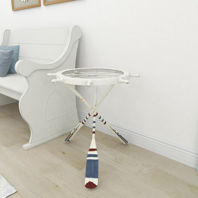 Romo White Metal Ship Wheel Top Accent Table with Oar Shaped Legs 23" x 23" x 24" by Breakwater Bay