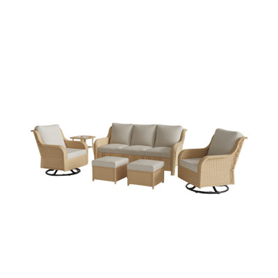 Ensemble de 6 meubles de patio pour l'extérieur, canapé 3 places en osier toutes saisons, 2 chaises pivotantes, 2 tabourets de table d'appoint, accoudoir large à haut dossier, balançoire pivotante à 360 °, coussins imperméables pour la véranda du 