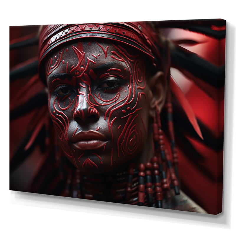 Guerrier aztèque rouge et noir - art mural africain, salon, H 34 po x l 44 po, Toile tendue