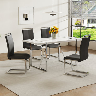 55" Dining Table Set, Wood Kitchen Table And Chairs Featuring A Thick Lacquered MDF Top, Sturdy Metal Frame, And Faux Leather Chairs