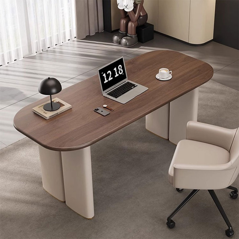 Brun noisette + blanc beige + bois manufacturé rectangulaire doré + bureau d'écriture en acier inoxydable