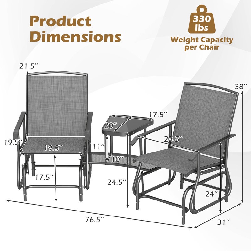 2-Seater Outdoor Glider Bench with 2-Tier Center Table, Breathable Mesh Fabric Seat Gray