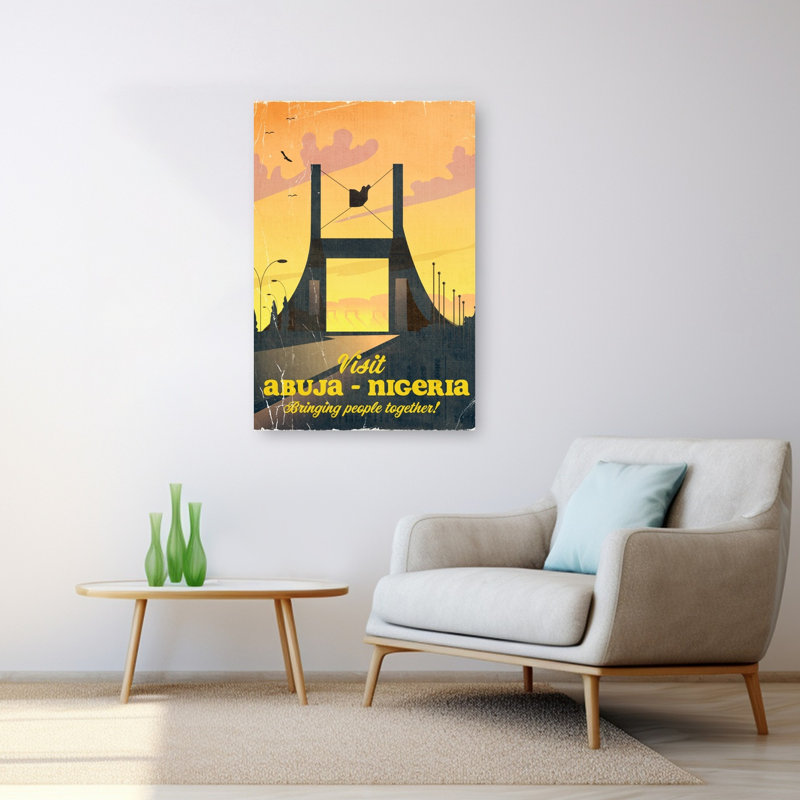 Affiche murale vintage Nigeria Gateway Sunset, style rétro vintage, avec oiseaux abstraits et coucher de soleil sur la ville.