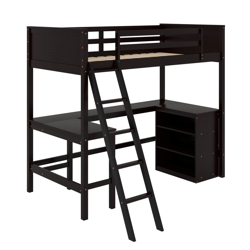 Lit mezzanine simple avec tablettes et bureau, Espresso