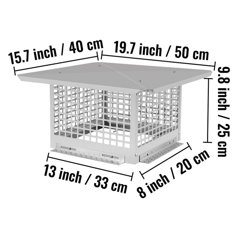 Couvre-cheminée 13 po x 13 po en acier inoxydable 304, H 9,8 po x l 15,7 po x P 19,7 po