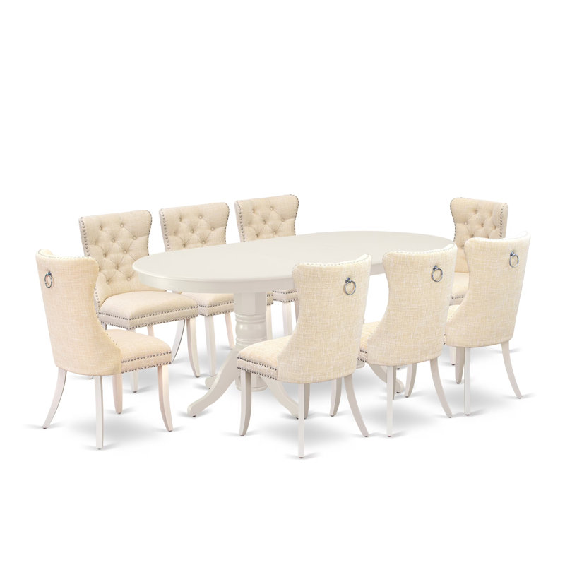9 Piece Kitchen Table Set Includes an Oval Dining Table with Removable leaf and 8 Chairs, linen white, Beige/White