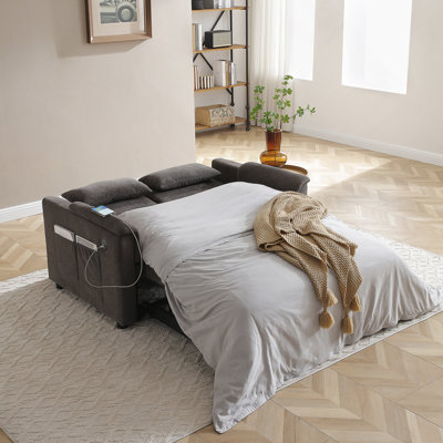 Canapé-lit convertible deux places avec dossier réglable, ports USB, poches latérales et coussins de taille pour un salon confortable