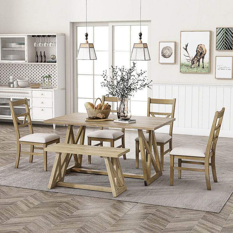 6 - Person Double Pedestal Dining Set, Natural, Natural, White/Natural