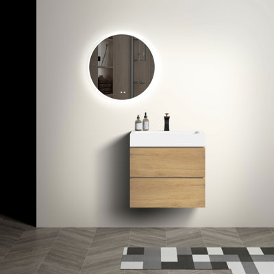 Modern Bathroom Vanity Unit - 24" Natural Oak With Large Drawers Locker Seamless Design