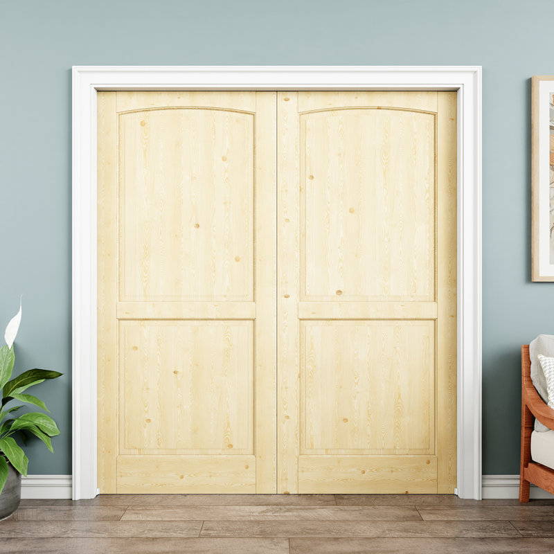Porte intérieure double en bois de pin 64 po x 80 po à 2 pochettes, bois de pin naturel, pouvant être peint et imperméable, comme portes de buanderie, portes de placard, portes de pièce