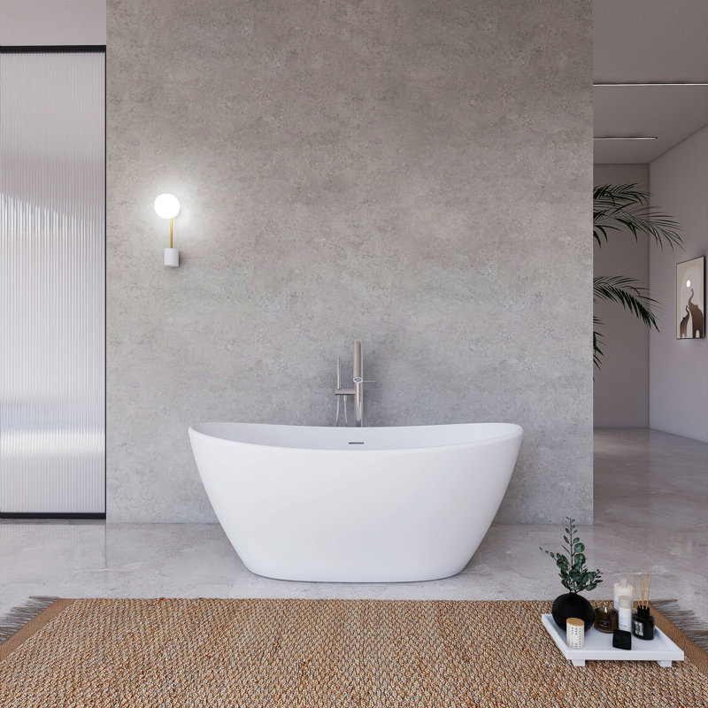 61 Inch Freestanding Solid Surface Soaking Bathtub For Bathroom, Matte White