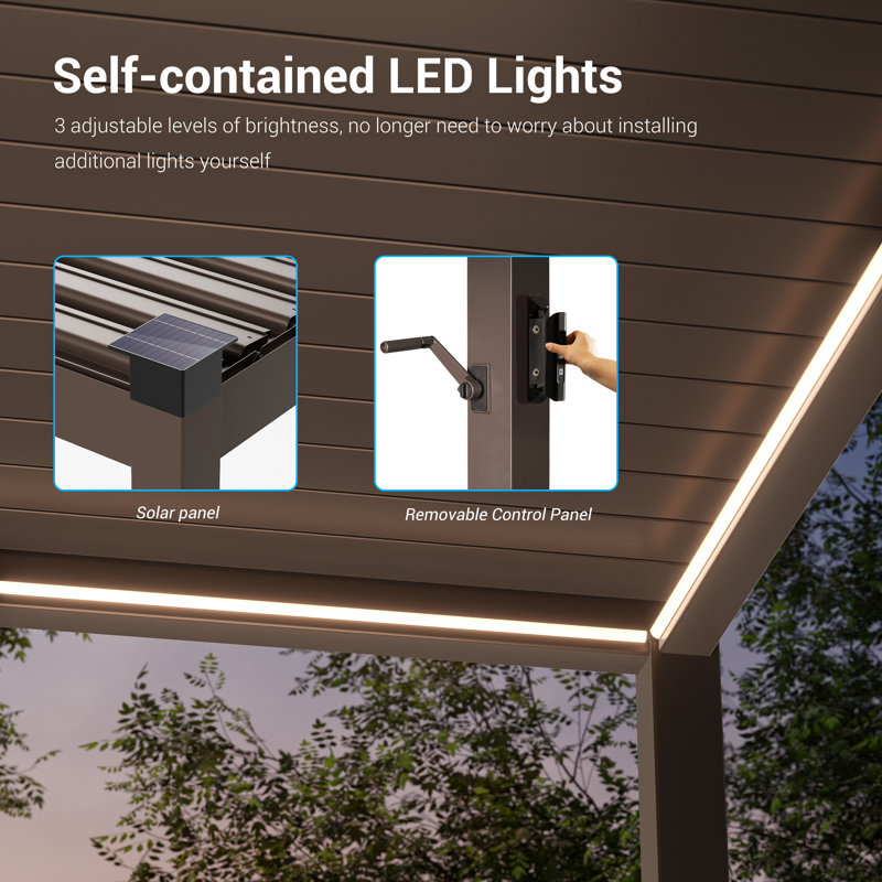 Pergola à DEL, persiennes doubles en aluminium, cadre en aluminium, panneau solaire, toit réglable, durable, 12 pi x 20 pi