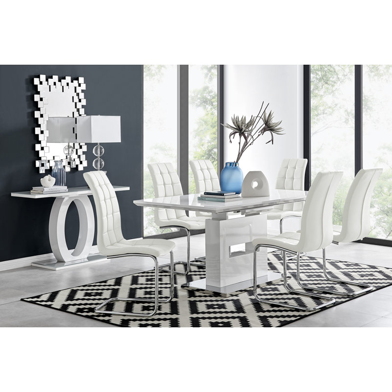 Alezzo Modern High Gloss Extendable Dining Table Set with 6 Modern FauxLeather Dining Chairs, White