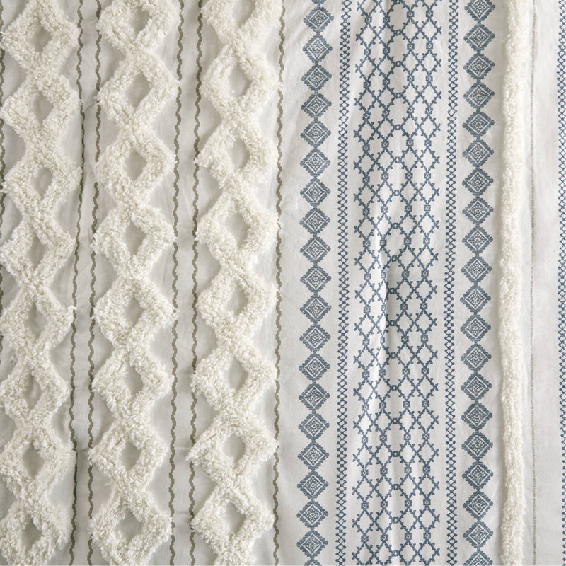 Ensemble d'édredon en coton avec chenille blanc / bleu marine / grand, Édredon pour grand lit + 2 taies décoratives