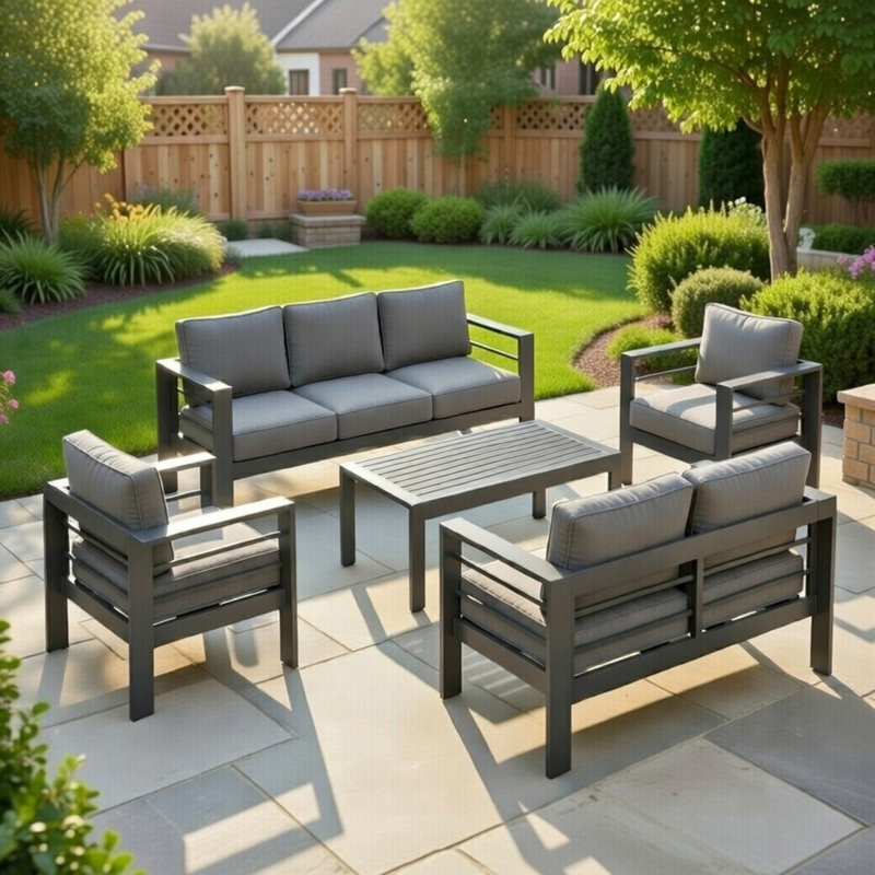 All-Weather 5-Piece Modern Metal Patio Furniture Set, Gray