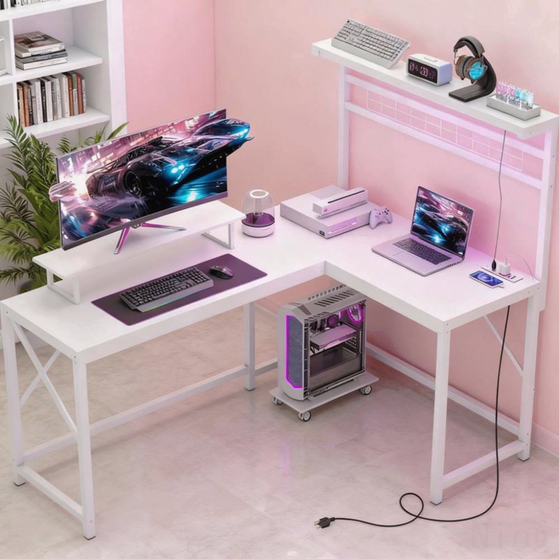 Bureau de jeu en L avec prises de courant et lumières DEL, Blanc