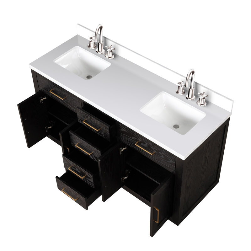 Abbey 60 in W x 22 in D Double Bath Vanity, Chrome Faucet Set, Black Oak, White Cultured Marble