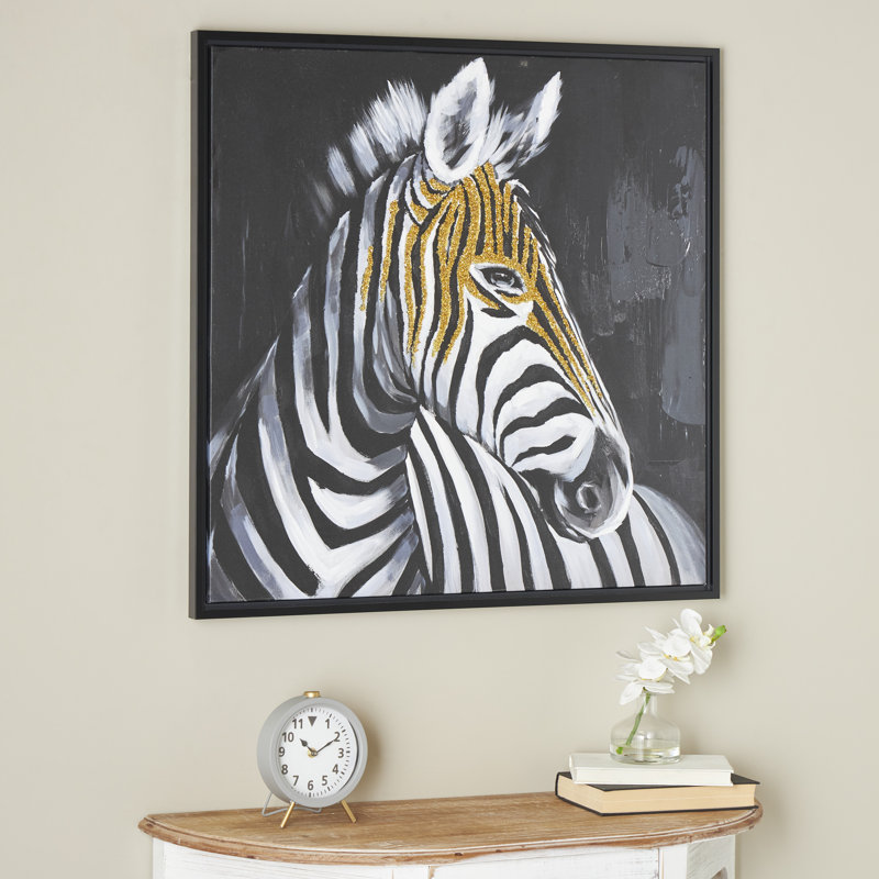Canvas Zebra Black Framed Wall Art with Gold Foil Accents