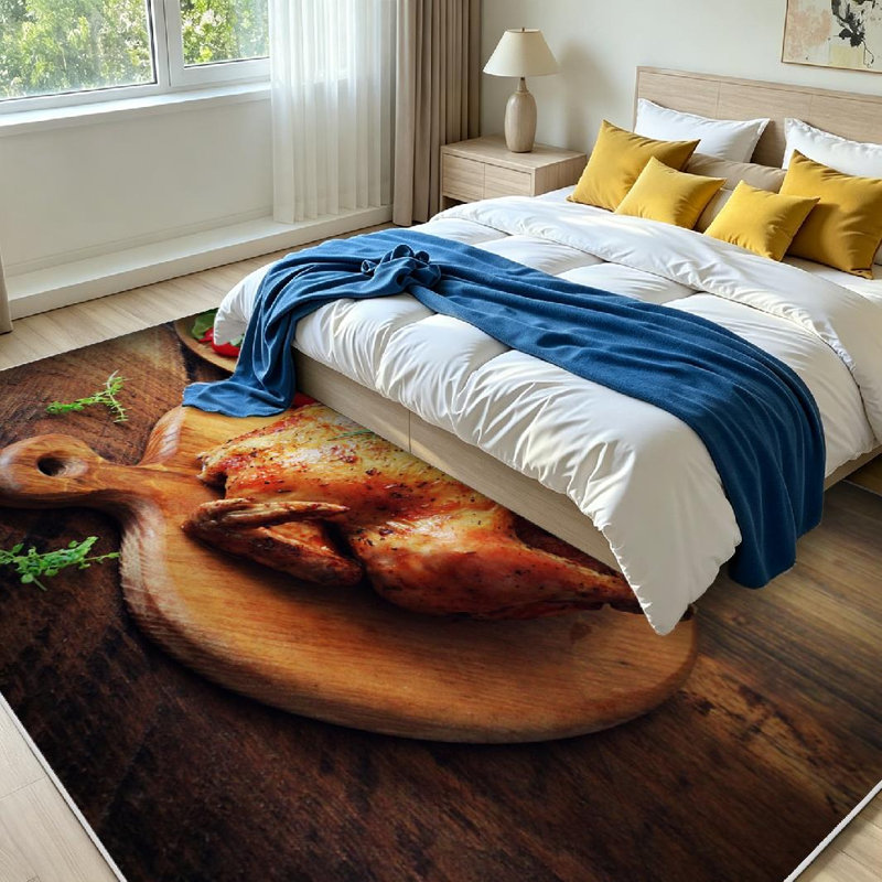 Tapis d'intérieur brun lavable à la machine, motif découpé de poulet rôti entier, Rectangle 71 po x 98 po