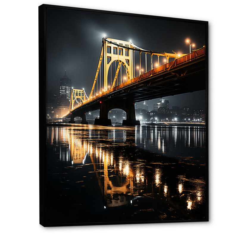 Pittsburgh, magnifique paysage urbain de nuit - art mural de Pittsburgh, H 32 po x l 24 po x P 1 po, Cadre flottant noir
