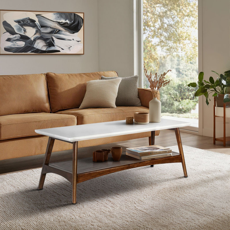 Parker Mid-century Coffee Table with Storage Shelf, Pecan
