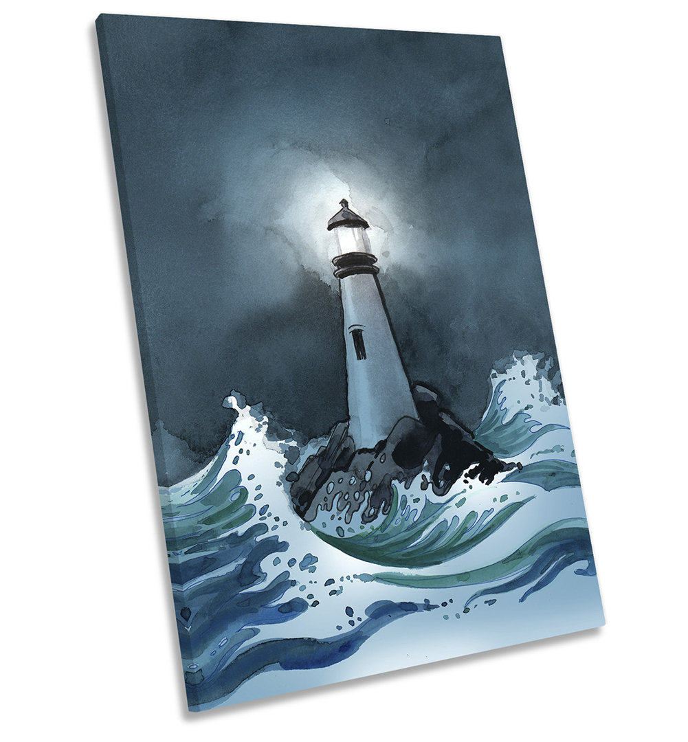 Seascape Lighthouse Stormy Picture Blue - Wrapped Canvas Art Prints