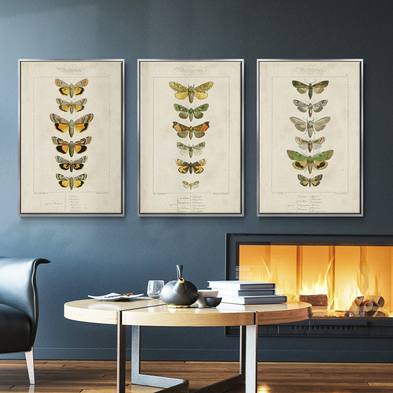 Ensemble de 3 papillons encadrés sur toile,, Argent, H 36 po x l 72 po