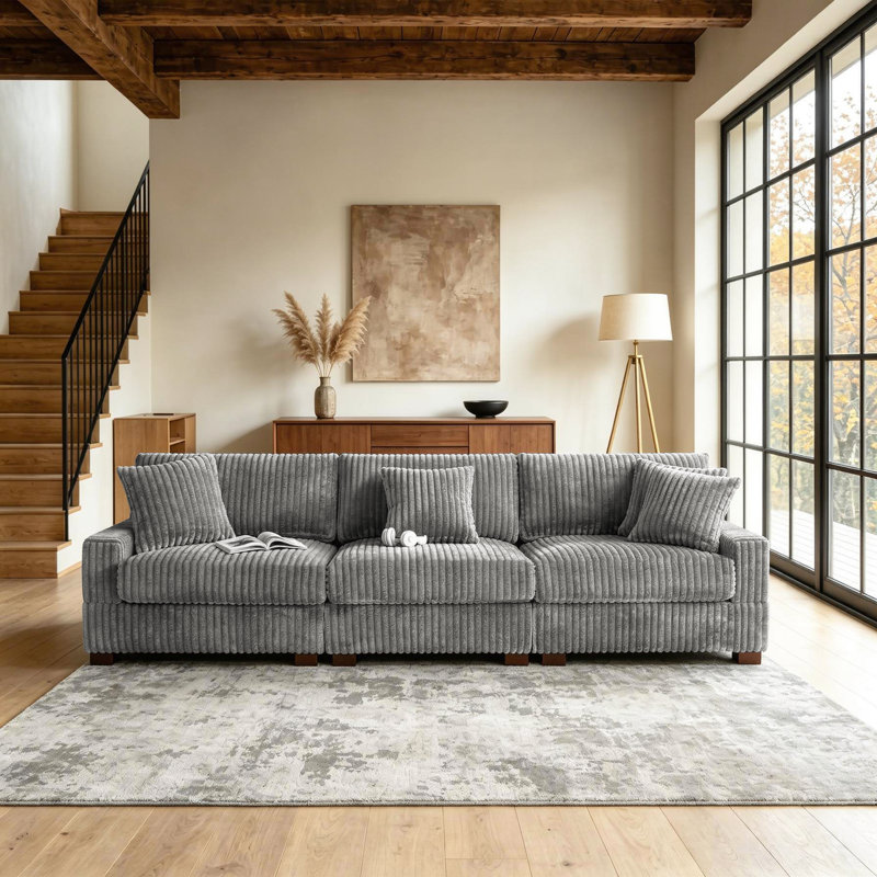 3 - Piece Upholstered Light Gray Faux Rabbit Fur Flannel Modular Sectional Sofa with Armrests & Throw Pillows, Light Gray
