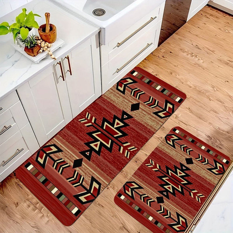 Tapis de cuisine rouge antidérapant à motif géométrique rouge 2 pièces