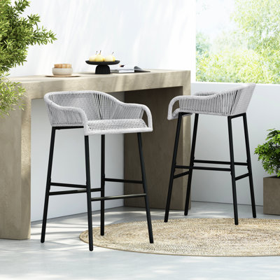 Patio Gray Woven Rope Bar Stools   For Couple  Functional Seating Garden And Poolside Enjoyment, Comfortable Airy, Metal Baseplate Outdoor Two  A Option Dining Social Times, Breathable Design, Stable