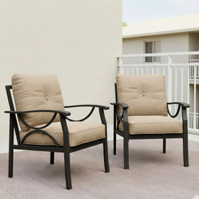 Fauteuils simples en métal avec structure kaki et coussins beiges, soutien ergonomique, idéal pour la détente dans les jardins - Rouille robuste de 4 po en mousse beige, au bord de la piscine
