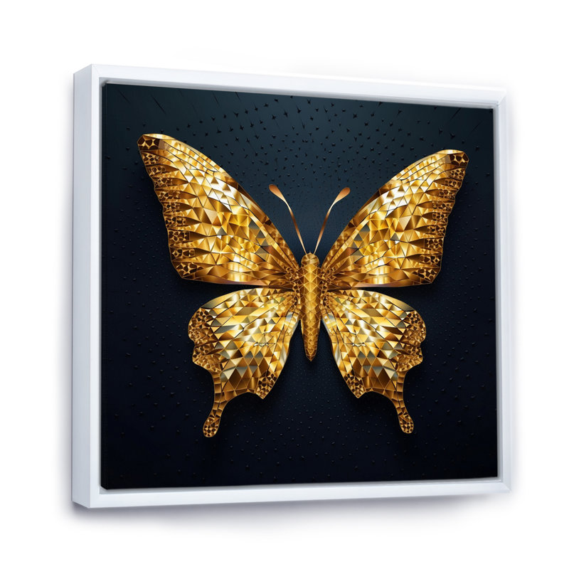 «Black and Gold Diamonds Butterly II», art mural papillon, H 30 po x l 30 po x P 1 po, Cadre flottant blanc