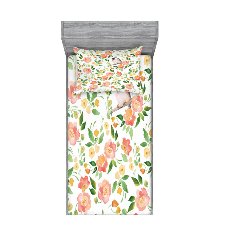 Microfiber Floral Sheet Set, Twin Sheet Set with Fitted Sheet and Pillowcase