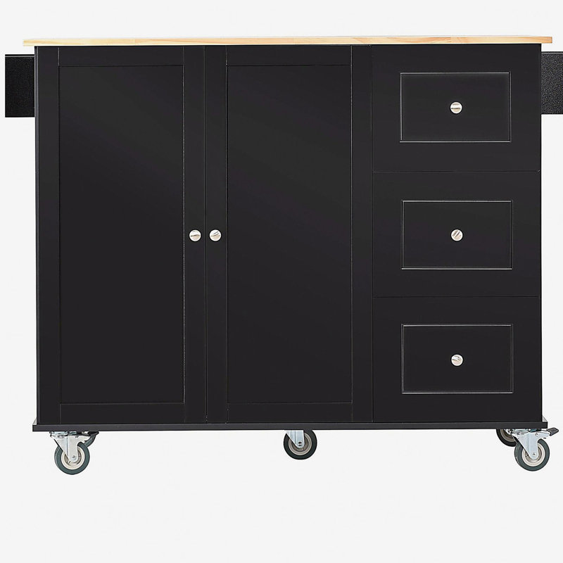 Avec plateau en bois fixe et roulette verrouillable, îlot de cuisine mobile de 52,7 po de largeur, armoire de rangement et barre à déjeuner pliable, étagère à épices, porte-serviettes et tiroir (noir)