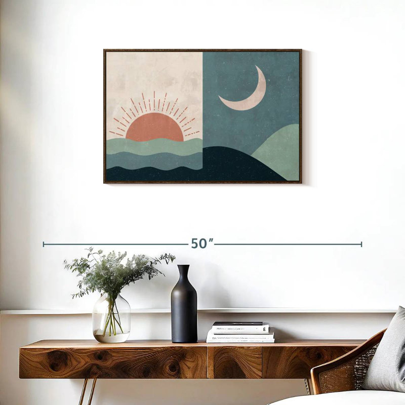 Boho lever et coucher de soleil II, Cadre flottant en noyer, 31 po x 21 po